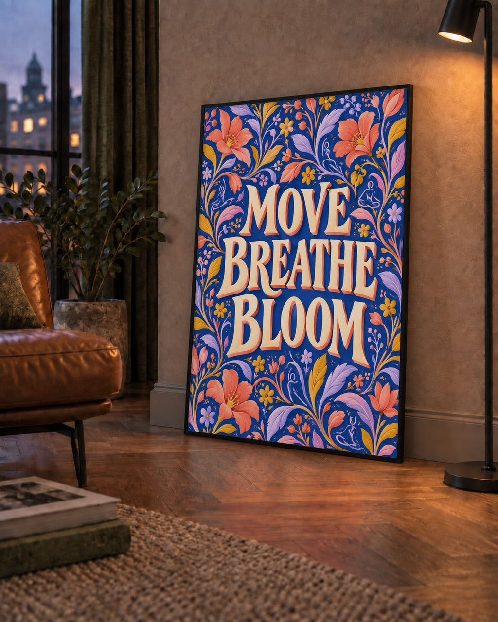 Move, Breathe, Bloom Çiçek Desenli Yoga Poster — çerçeveli hâliyle bir ev duvarında
