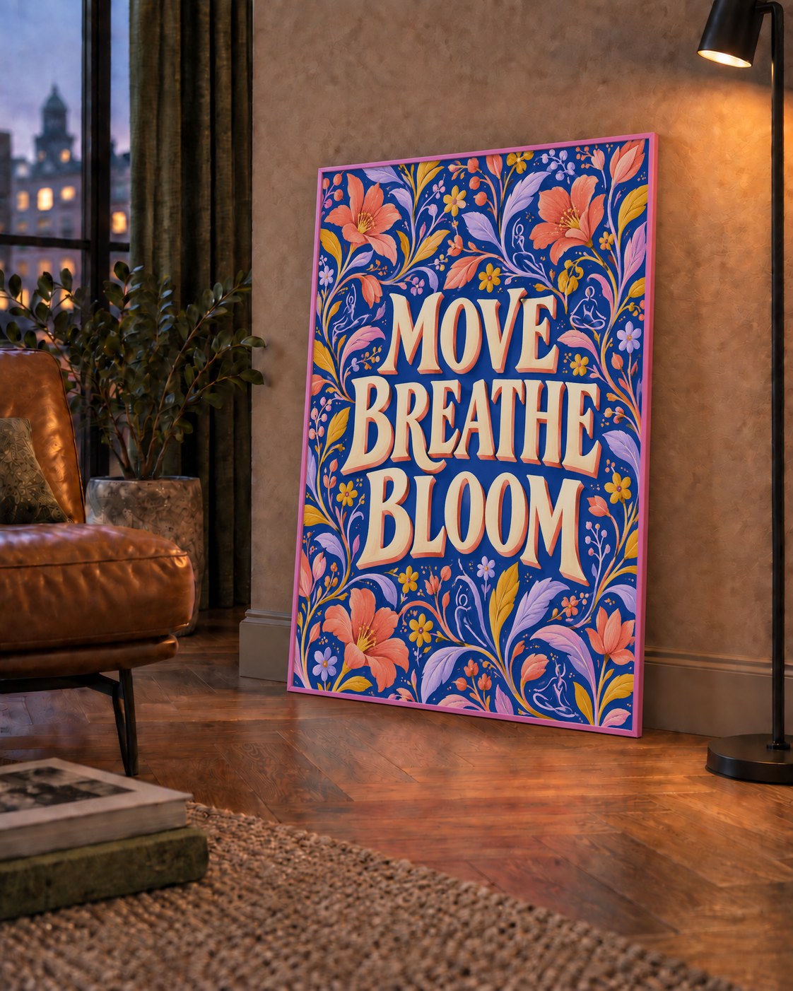 Move, Breathe, Bloom Çiçek Desenli Yoga Poster — çerçeveli hâliyle bir ev duvarında