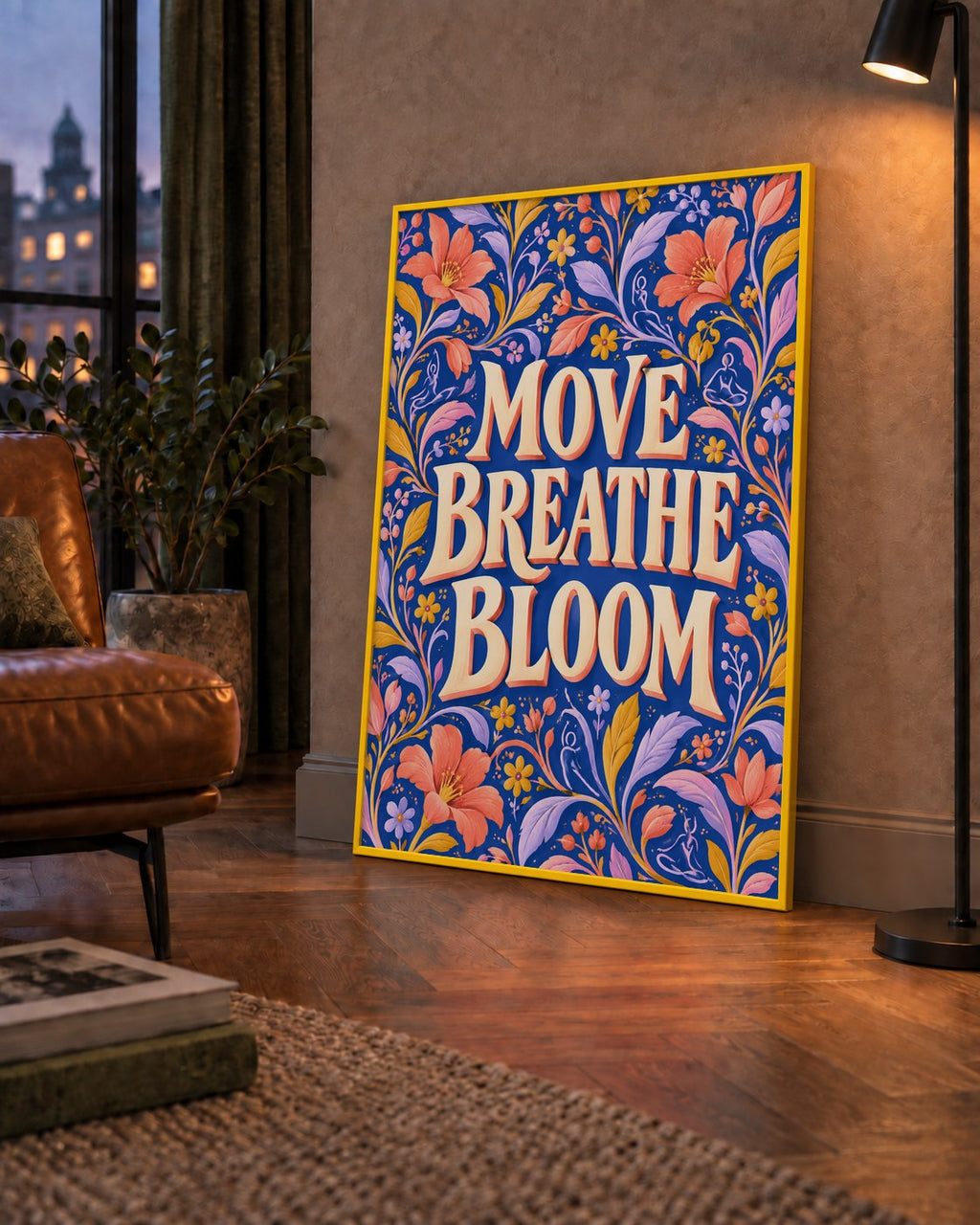 Move, Breathe, Bloom Çiçek Desenli Yoga Poster — çerçeveli hâliyle bir ev duvarında