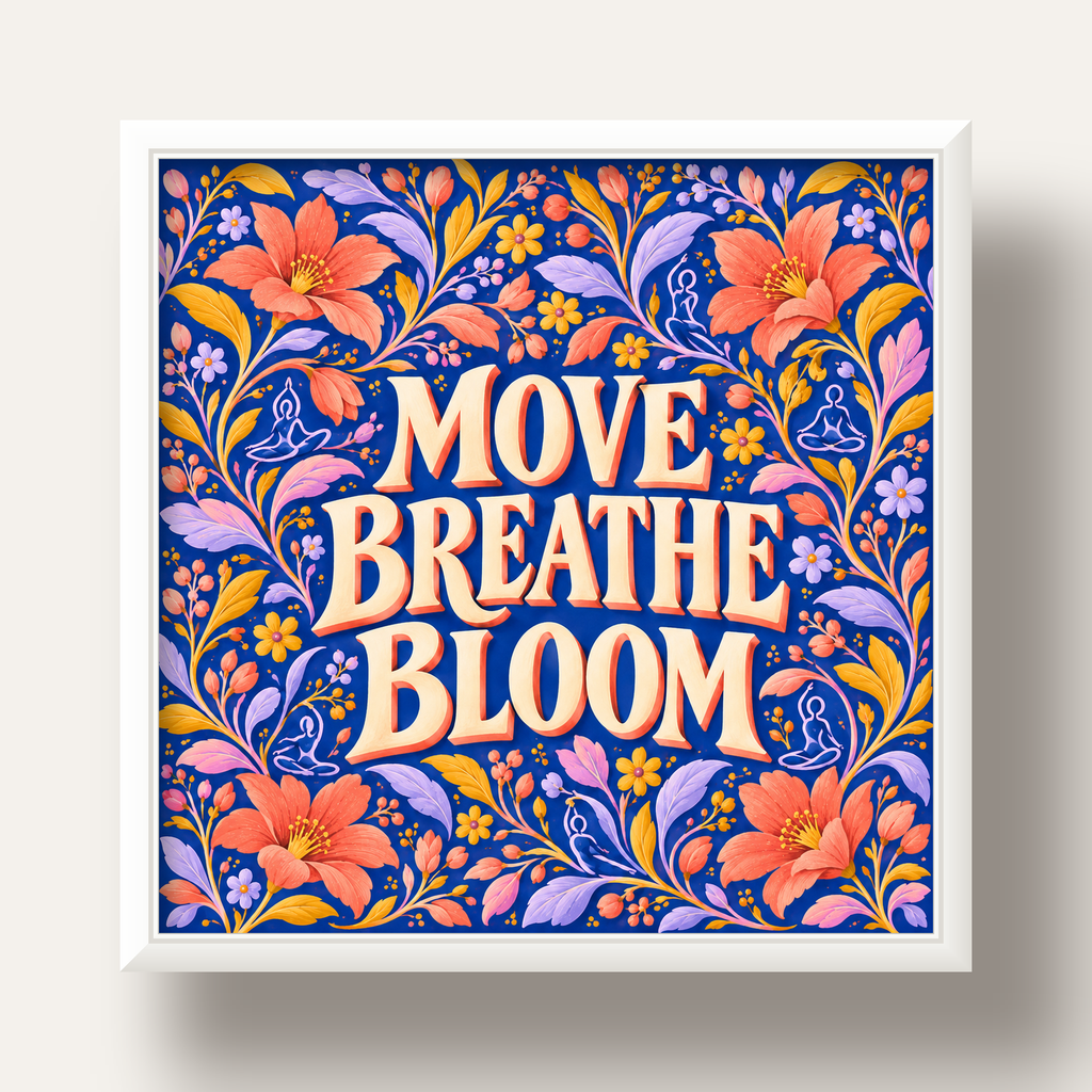 Move, Breathe, Bloom Çiçek Desenli Yoga Poster — beyaz derin çerçeveli