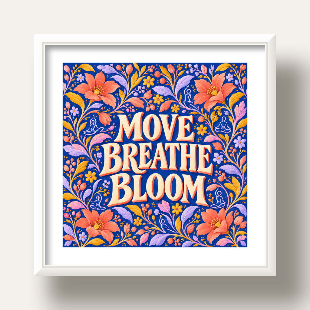Move, Breathe, Bloom Çiçek Desenli Yoga Poster — beyaz derin çerçeveli paspartulu