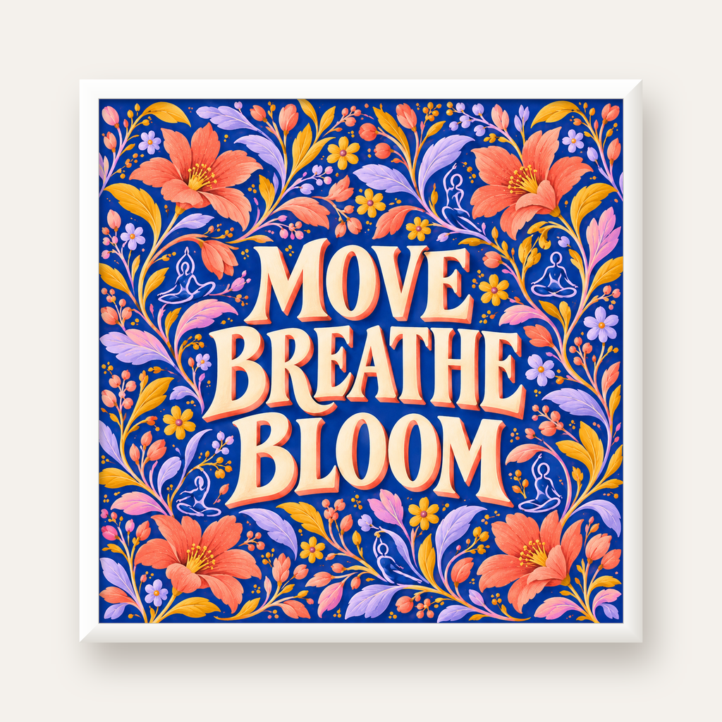 Move, Breathe, Bloom Çiçek Desenli Yoga Poster — beyaz çerçeveli kare poster