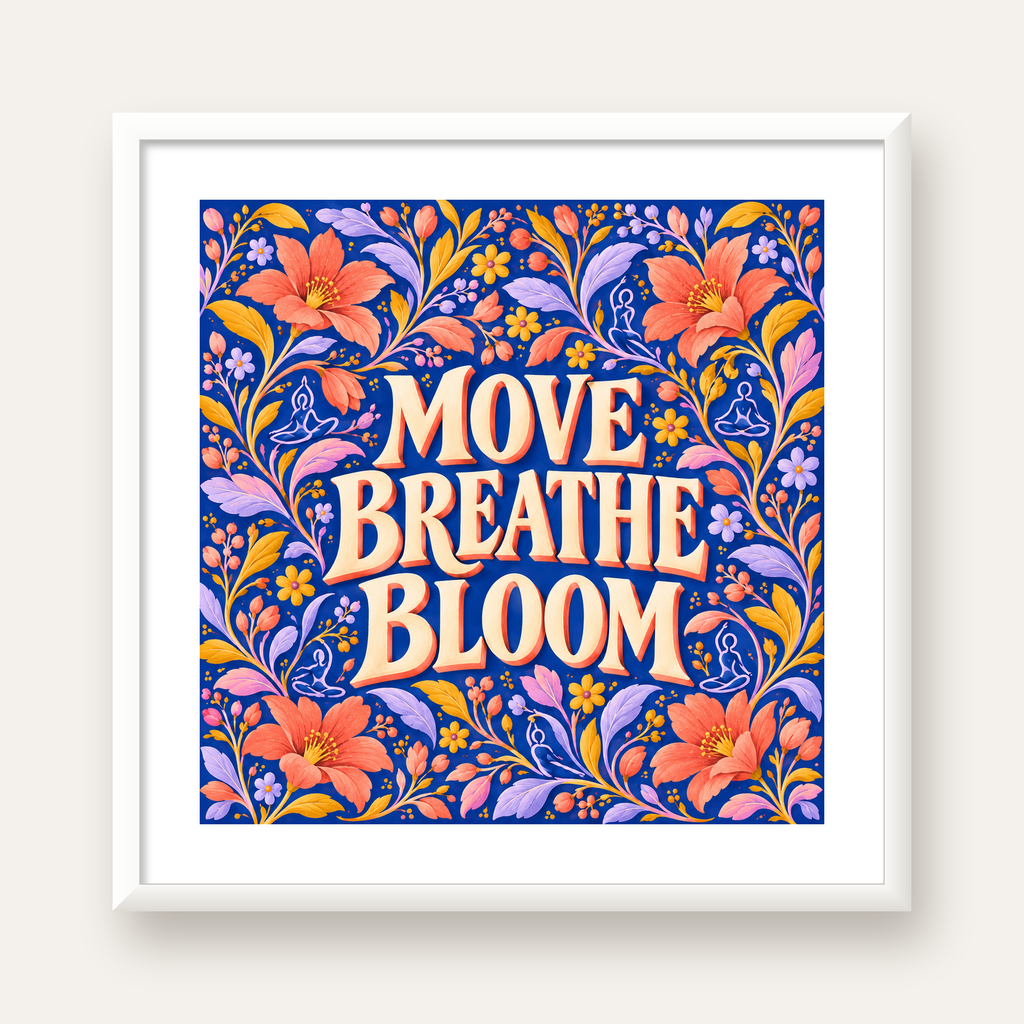 Move, Breathe, Bloom Çiçek Desenli Yoga Poster — beyaz çerçeveli kare poster