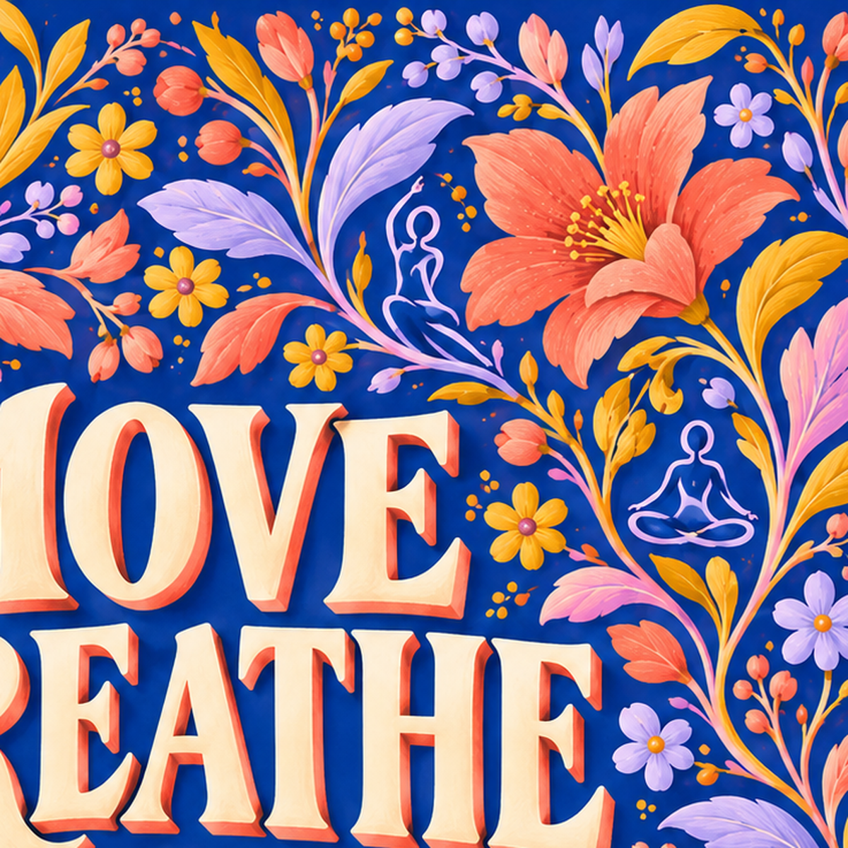 Move Breathe Bloom Çiçekli Motivasyon Sözü Poster — baskının yakın çekimi, kâğıt dokusu ve renk detayı