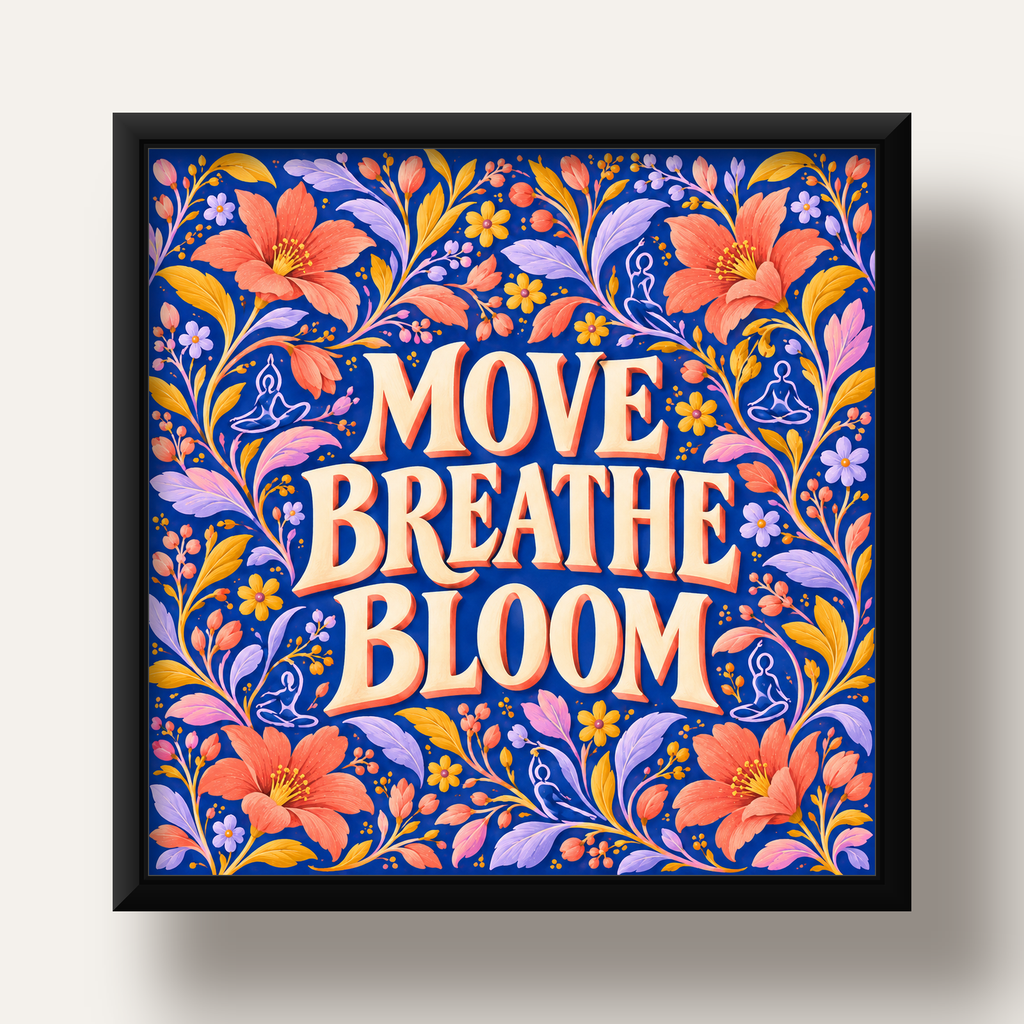 Move, Breathe, Bloom Çiçek Desenli Yoga Poster — siyah derin çerçeveli