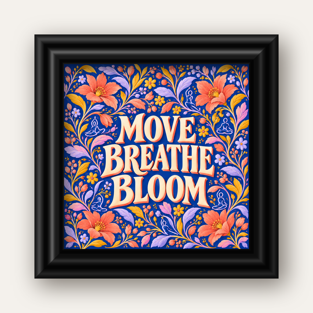 Move, Breathe, Bloom Çiçek Desenli Yoga Poster — siyah galeri çerçeveli