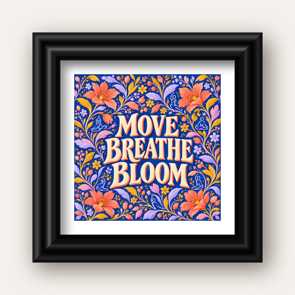 Move, Breathe, Bloom Çiçek Desenli Yoga Poster — siyah galeri çerçeveli paspartulu