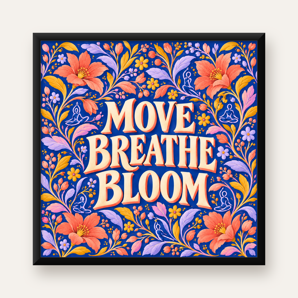 Move Breathe Bloom Çiçekli Motivasyon Sözü Poster — Kare baskı, düz siyah çerçeveli duvar posteri