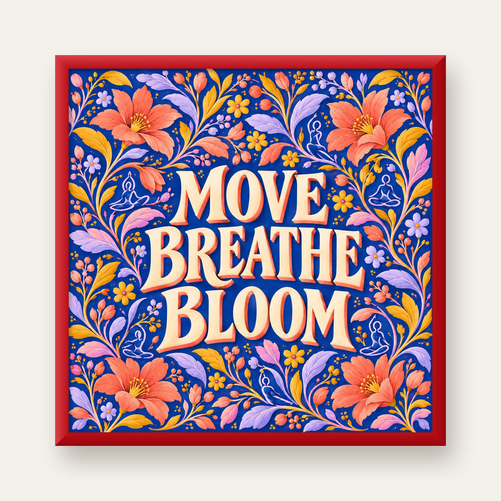 Move, Breathe, Bloom Çiçek Desenli Yoga Poster — kırmızı çerçeveli