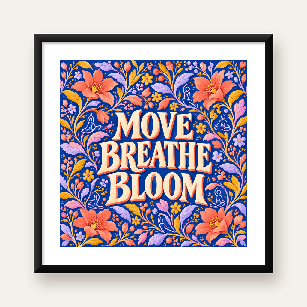Move Breathe Bloom Çiçekli Motivasyon Sözü Poster — Kare baskı, beyaz kenar boşluklu