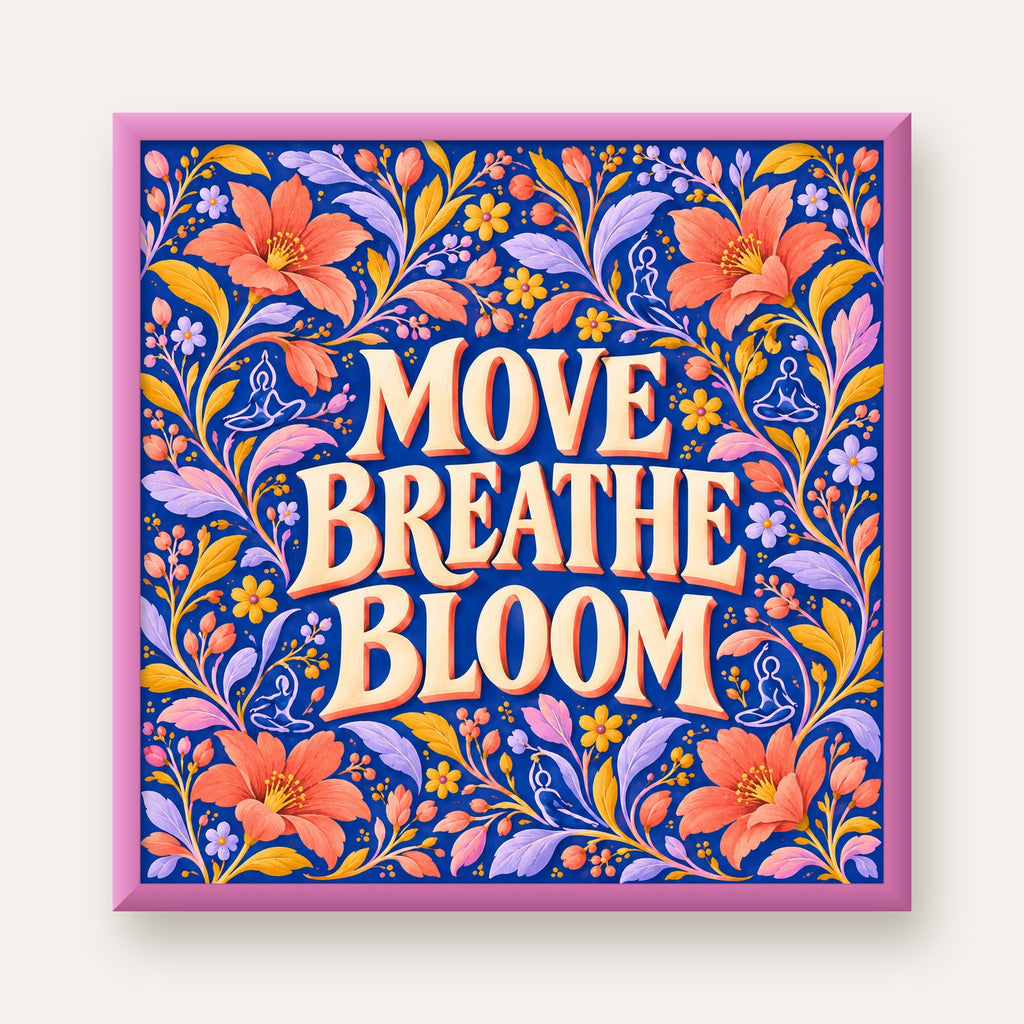 Move, Breathe, Bloom Çiçek Desenli Yoga Poster — pembe çerçeveli