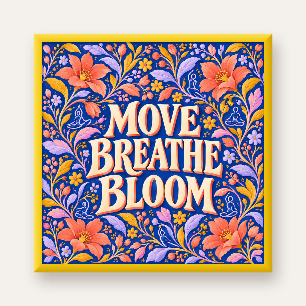 Move, Breathe, Bloom Çiçek Desenli Yoga Poster — sarı çerçeveli