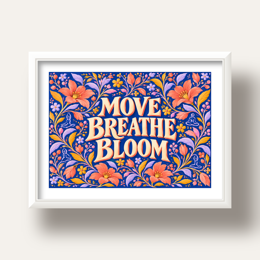 Move, Breathe, Bloom Çiçek Desenli Yoga Poster — beyaz derin çerçeveli paspartulu