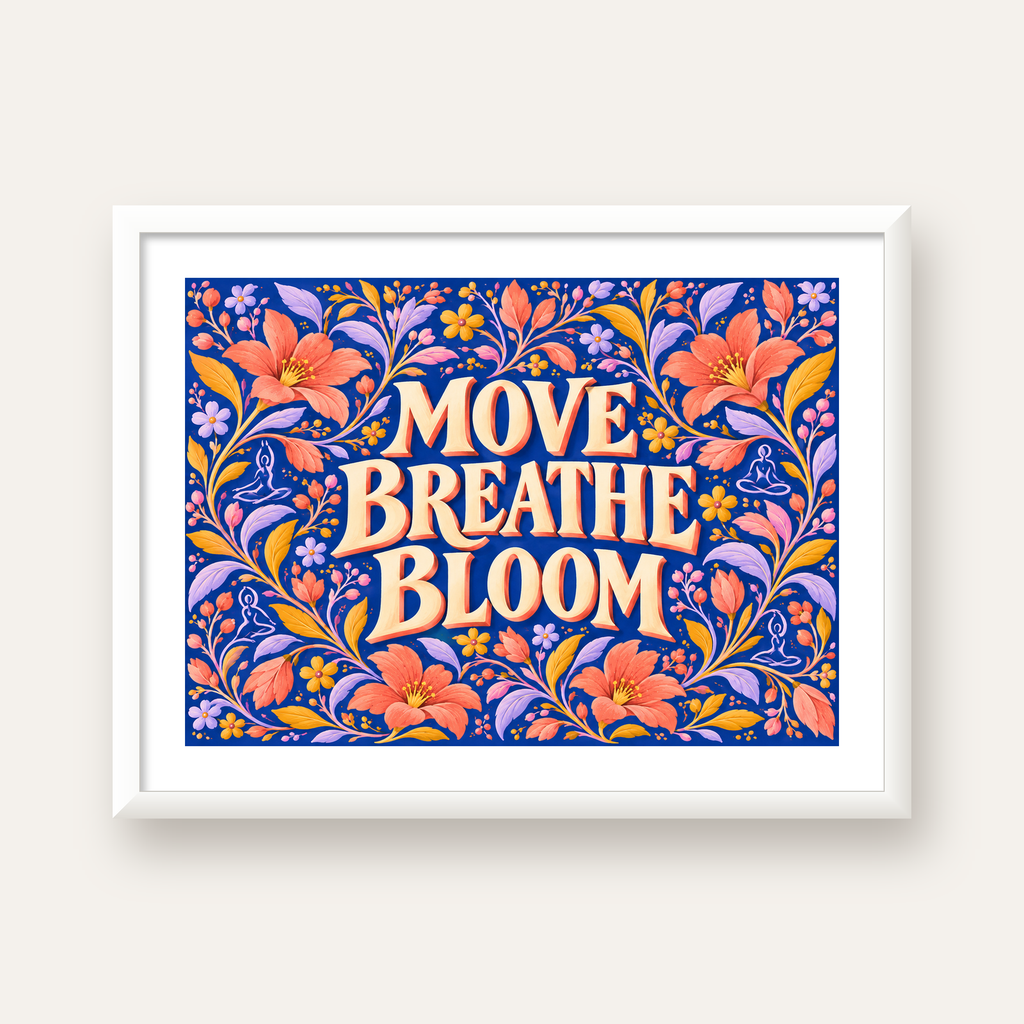 Move, Breathe, Bloom Çiçek Desenli Yoga Poster — beyaz çerçeveli yatay poster