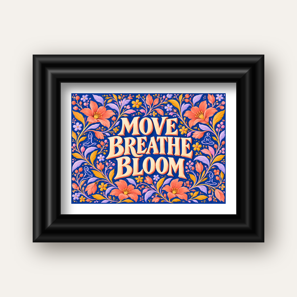 Move, Breathe, Bloom Çiçek Desenli Yoga Poster — siyah galeri çerçeveli paspartulu