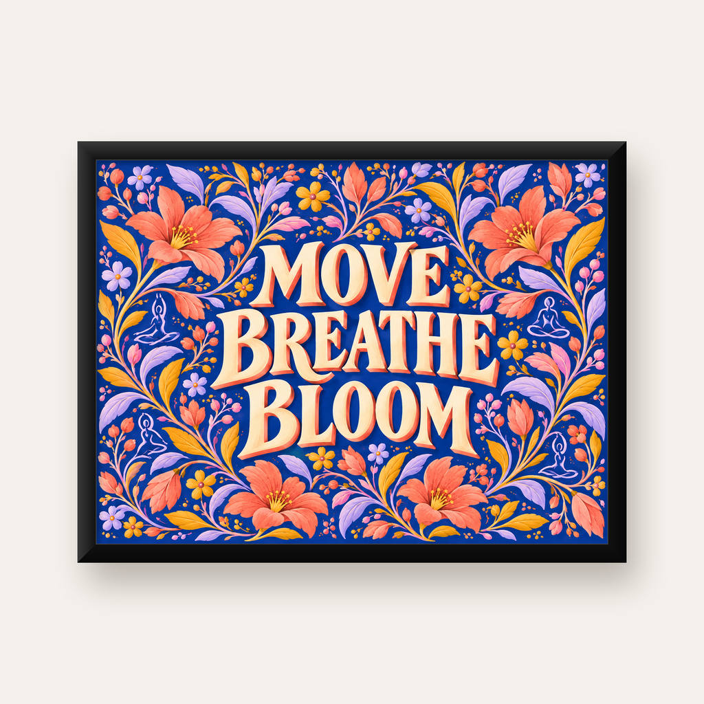Move Breathe Bloom Çiçekli Motivasyon Sözü Poster — Yatay baskı, düz siyah çerçeveli duvar posteri