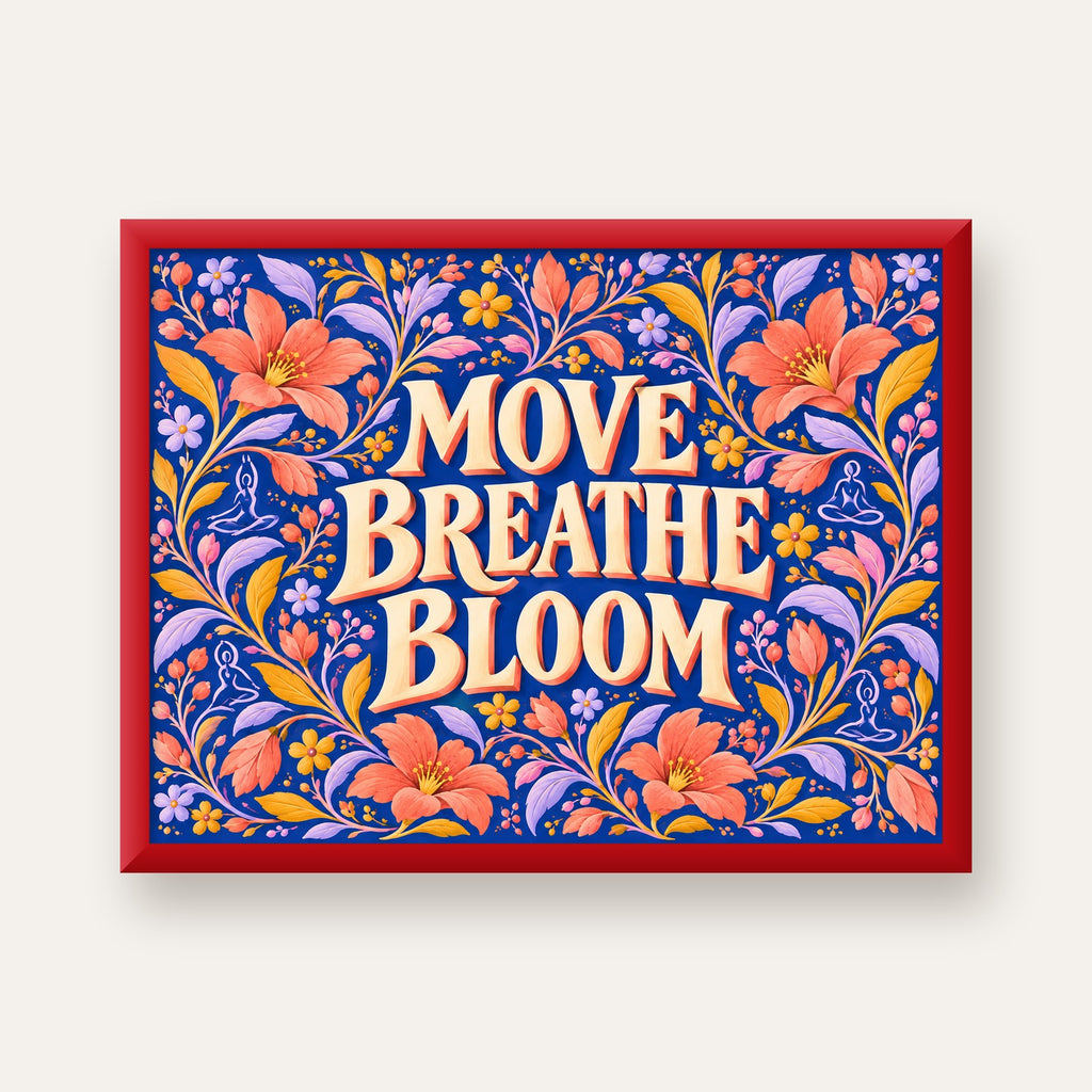 Move, Breathe, Bloom Çiçek Desenli Yoga Poster — kırmızı çerçeveli