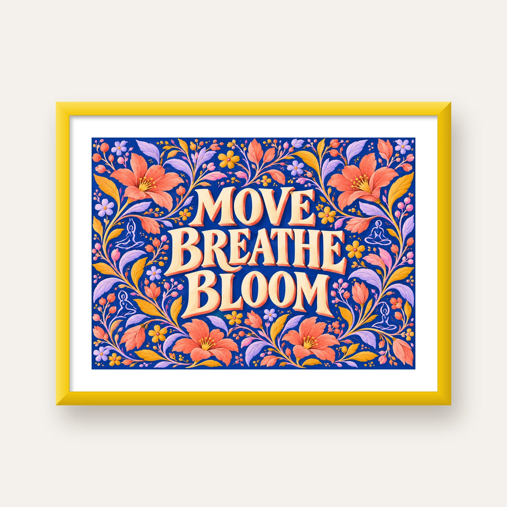 Move, Breathe, Bloom Çiçek Desenli Yoga Poster — sarı çerçeveli paspartulu