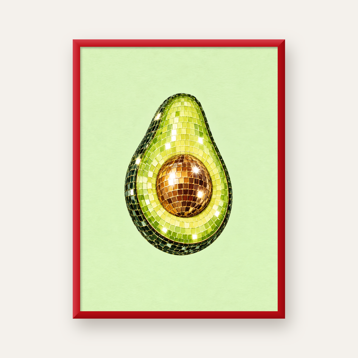Mozaik Avokado Dijital Poster – Modern Sanat Baskısı — kırmızı çerçeveli