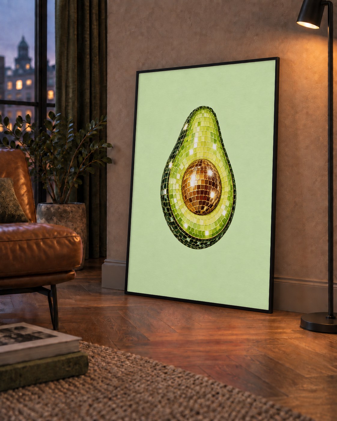 Mozaik Avokado Dijital Poster – Modern Sanat Baskısı — çerçeveli hâliyle bir ev duvarında