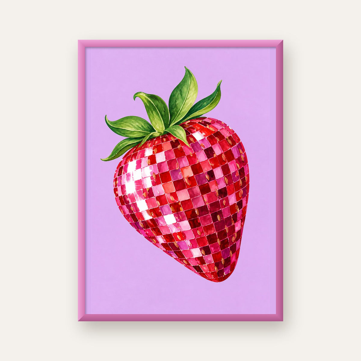 Mozaik Çilek İllüstrasyonu Poster – Parlak ve Modern Tasarım — pembe çerçeveli