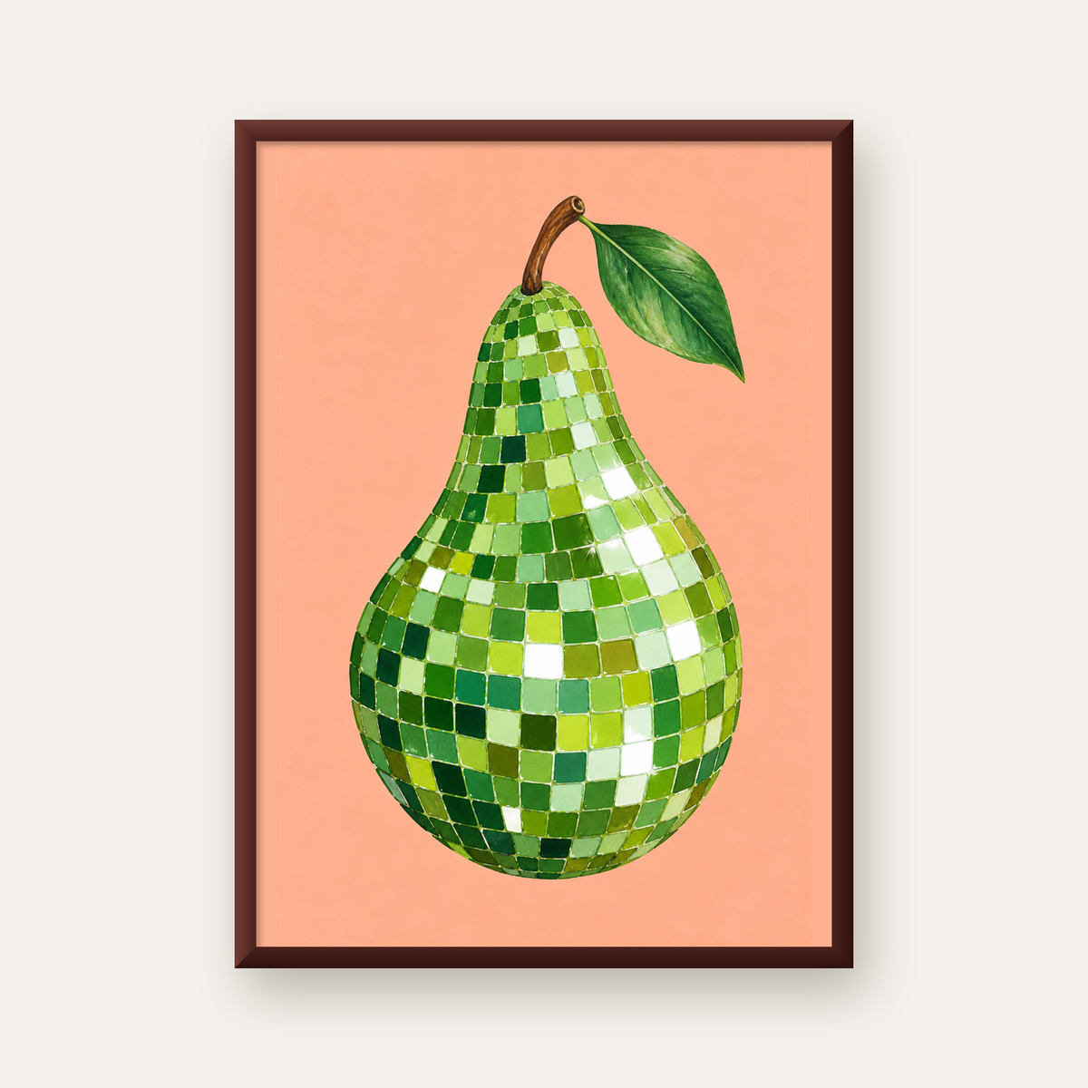Mozaik Desenli Armut Poster – Modern ve Renkli Duvar Dekoru — ceviz çerçeveli