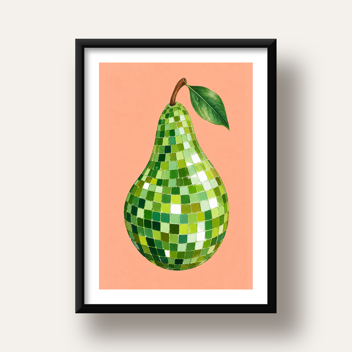 Mozaik Desenli Armut Poster – Modern ve Renkli Duvar Dekoru — siyah derin çerçeveli paspartulu
