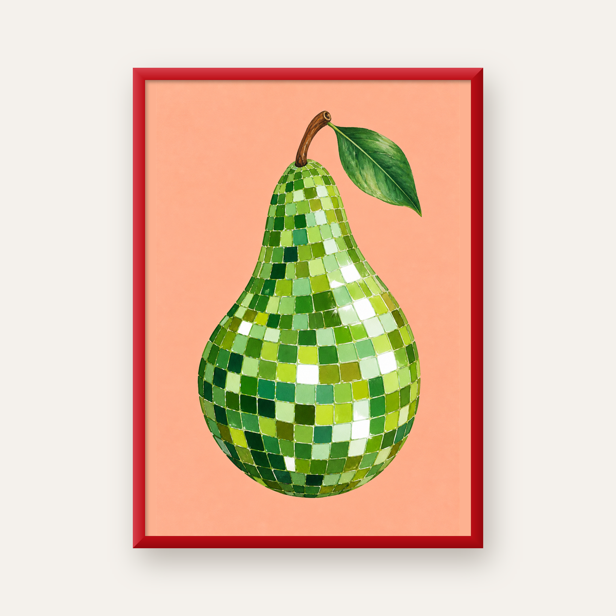 Mozaik Desenli Armut Poster – Modern ve Renkli Duvar Dekoru — kırmızı çerçeveli