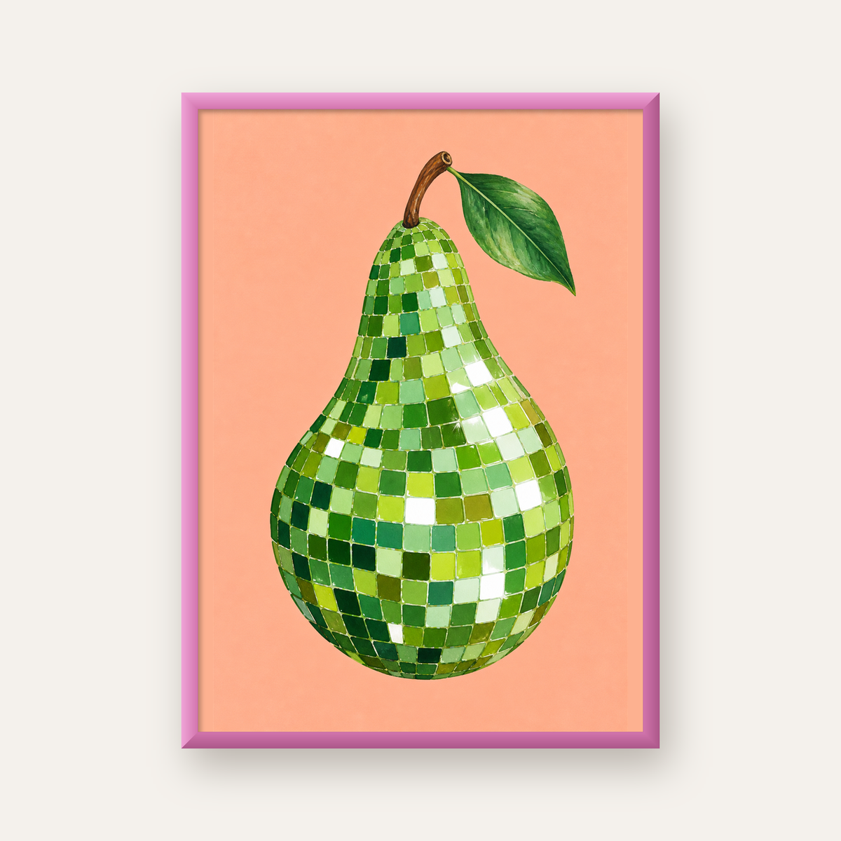 Mozaik Desenli Armut Poster – Modern ve Renkli Duvar Dekoru — pembe çerçeveli