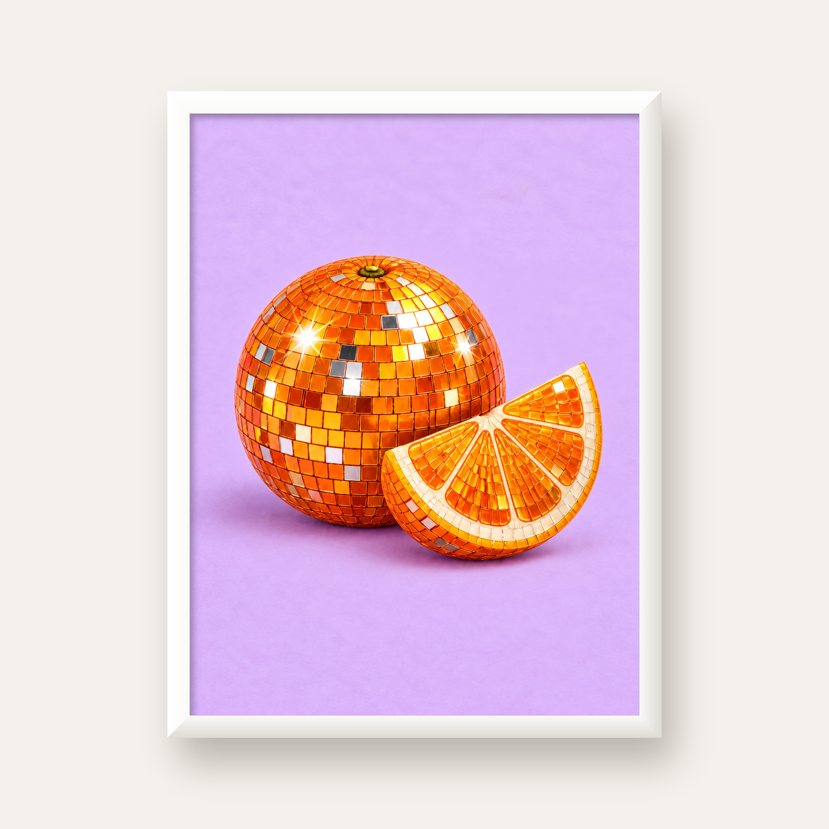 Mozaik Portakal ve Dilimi – Modern Pastel Duvar Posteri — beyaz çerçeveli dikey poster