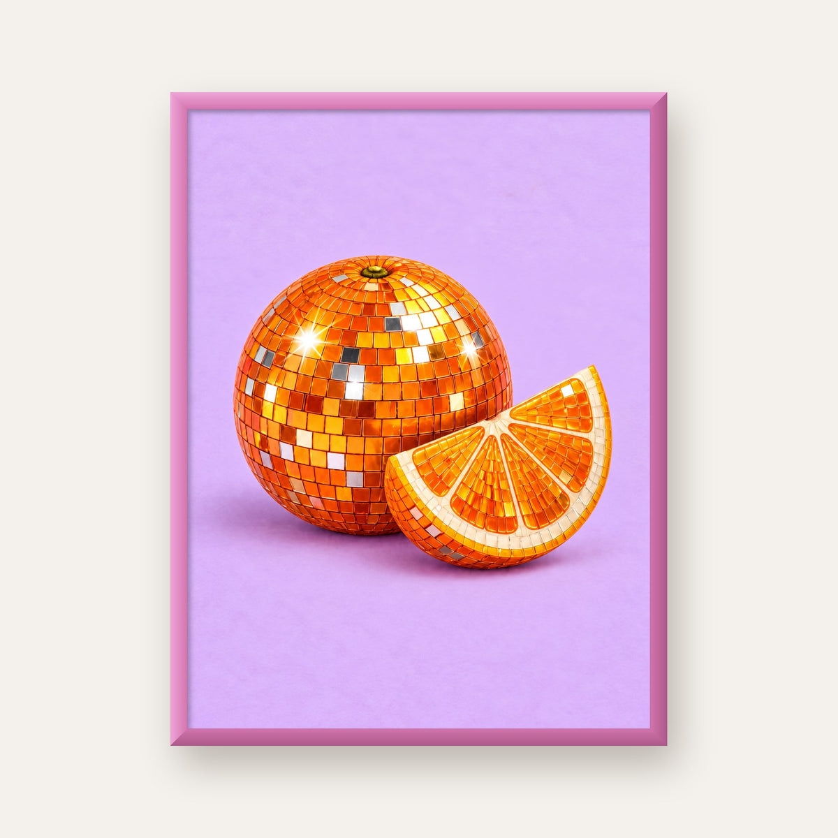 Mozaik Portakal ve Dilimi – Modern Pastel Duvar Posteri — pembe çerçeveli