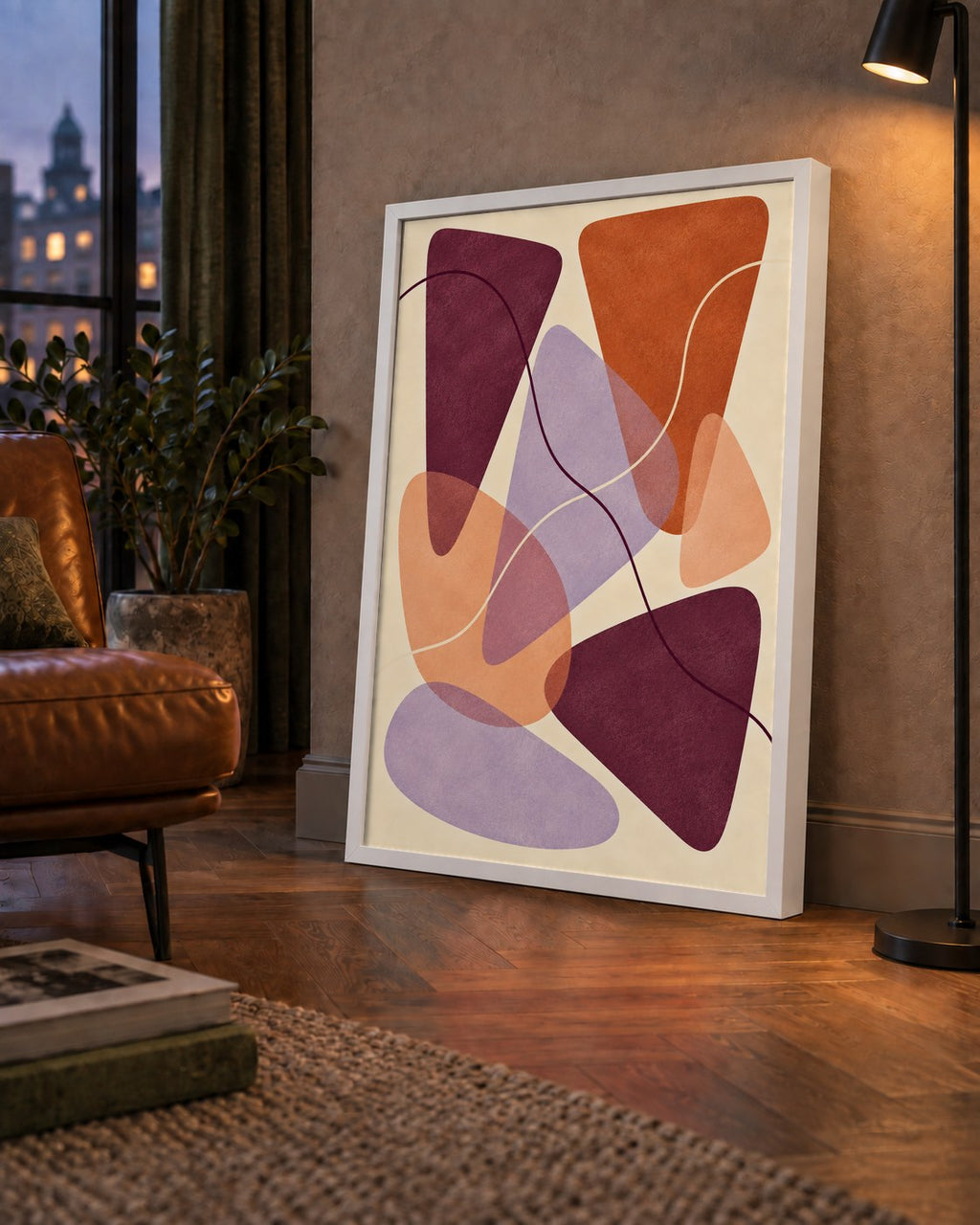 Soyut Renkli Şekiller – Modern Geometrik Dijital Poster — çerçeveli hâliyle bir ev duvarında