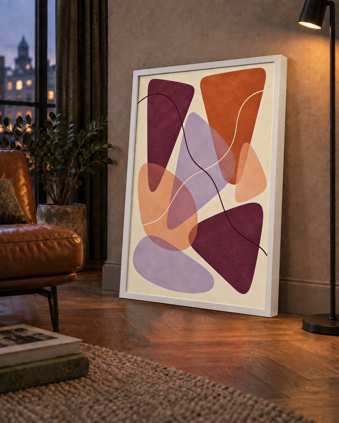 Soyut Renkli Şekiller – Modern Geometrik Dijital Poster — çerçeveli hâliyle bir ev duvarında