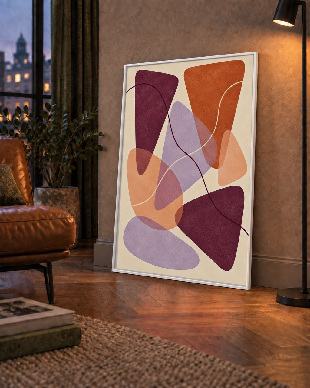 Soyut Renkli Şekiller – Modern Geometrik Dijital Poster — çerçeveli hâliyle bir ev duvarında