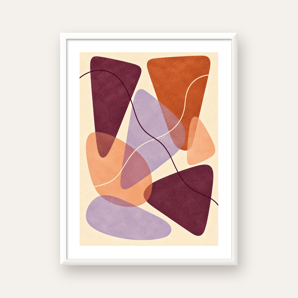 Soyut Renkli Şekiller – Modern Geometrik Dijital Poster — beyaz çerçeveli dikey poster