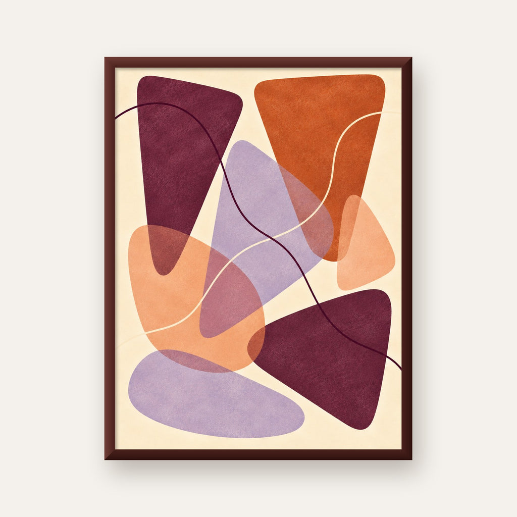 Soyut Renkli Şekiller – Modern Geometrik Dijital Poster — ceviz çerçeveli