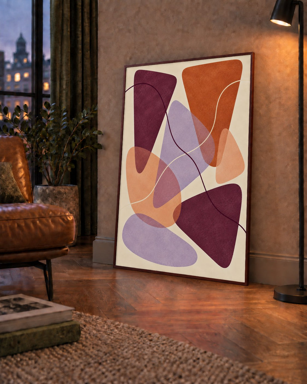 Soyut Renkli Şekiller – Modern Geometrik Dijital Poster — çerçeveli hâliyle bir ev duvarında