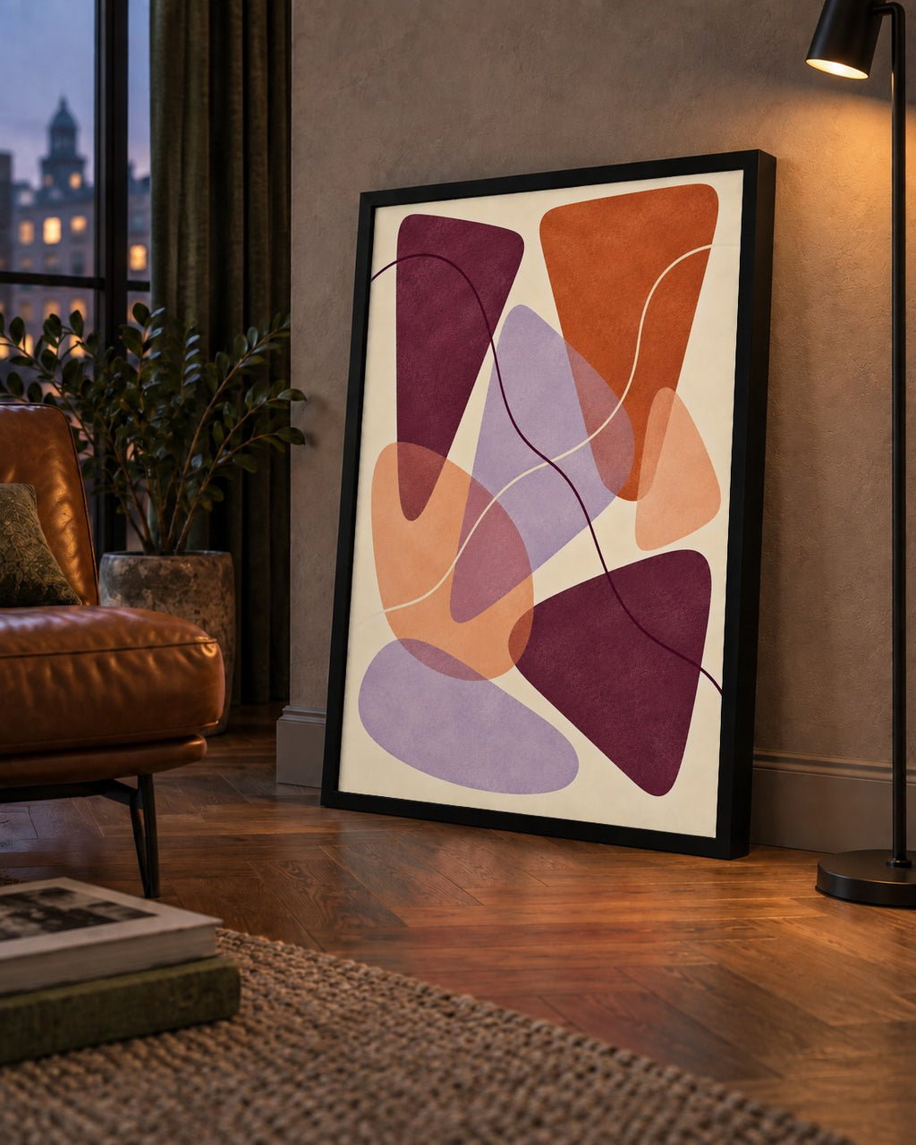 Soyut Renkli Şekiller – Modern Geometrik Dijital Poster — çerçeveli hâliyle bir ev duvarında