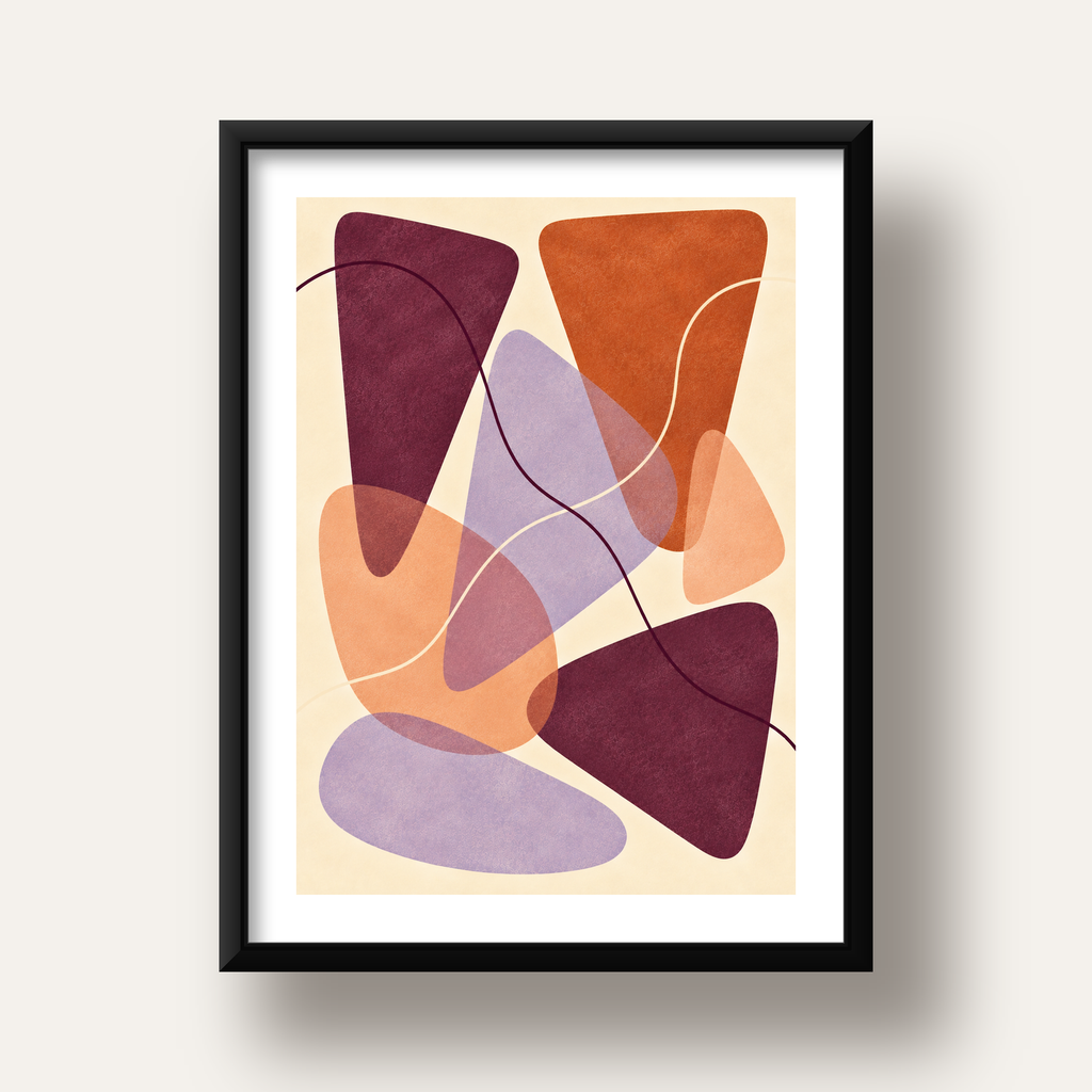 Soyut Renkli Şekiller – Modern Geometrik Dijital Poster — siyah derin çerçeveli paspartulu