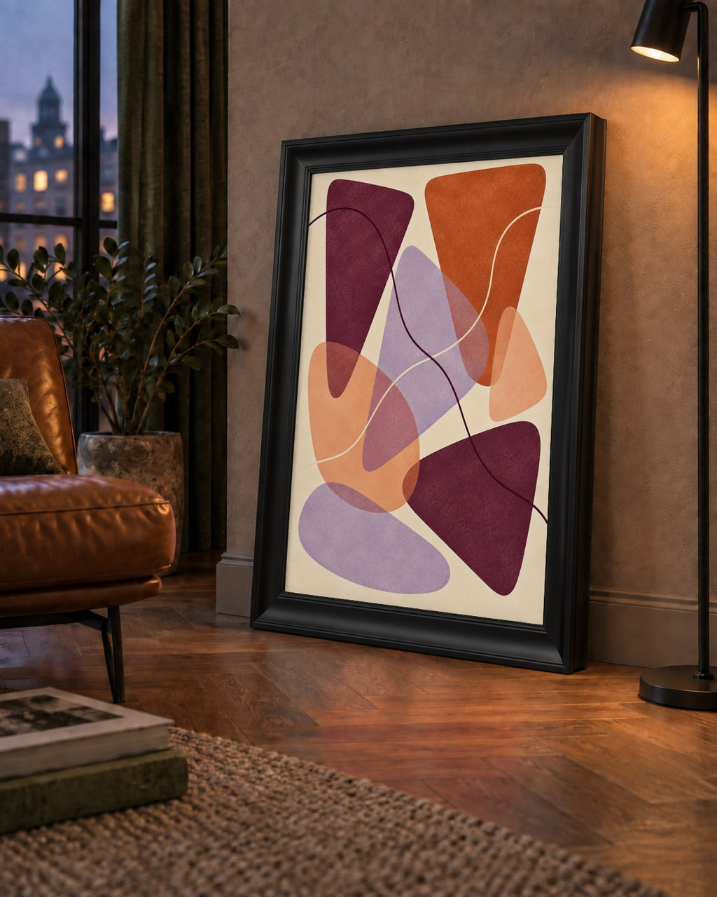 Soyut Renkli Şekiller – Modern Geometrik Dijital Poster — çerçeveli hâliyle bir ev duvarında
