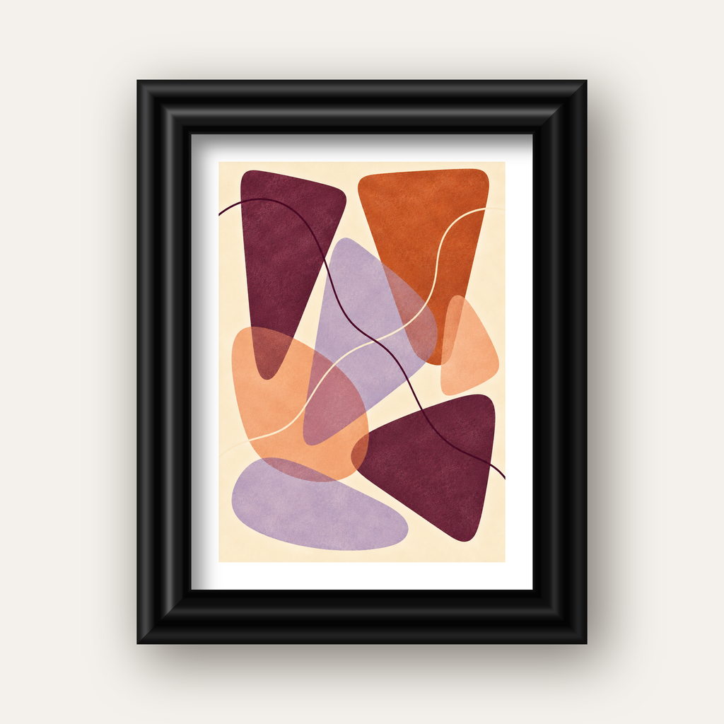Soyut Renkli Şekiller – Modern Geometrik Dijital Poster — siyah galeri çerçeveli paspartulu