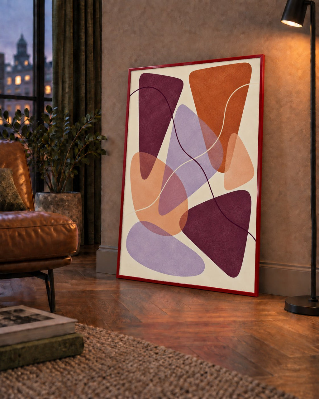 Soyut Renkli Şekiller – Modern Geometrik Dijital Poster — çerçeveli hâliyle bir ev duvarında