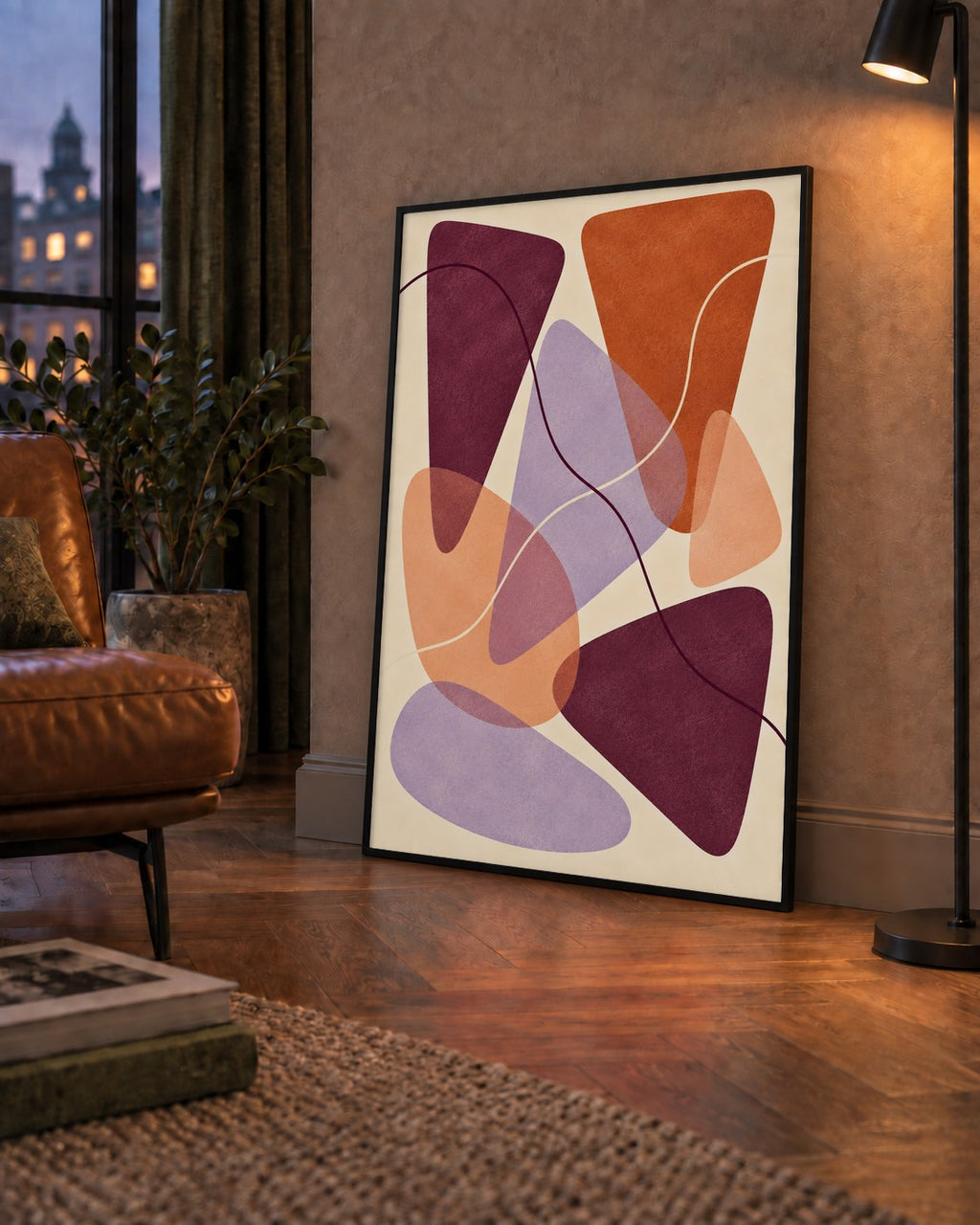 Soyut Renkli Şekiller – Modern Geometrik Dijital Poster — çerçeveli hâliyle bir ev duvarında