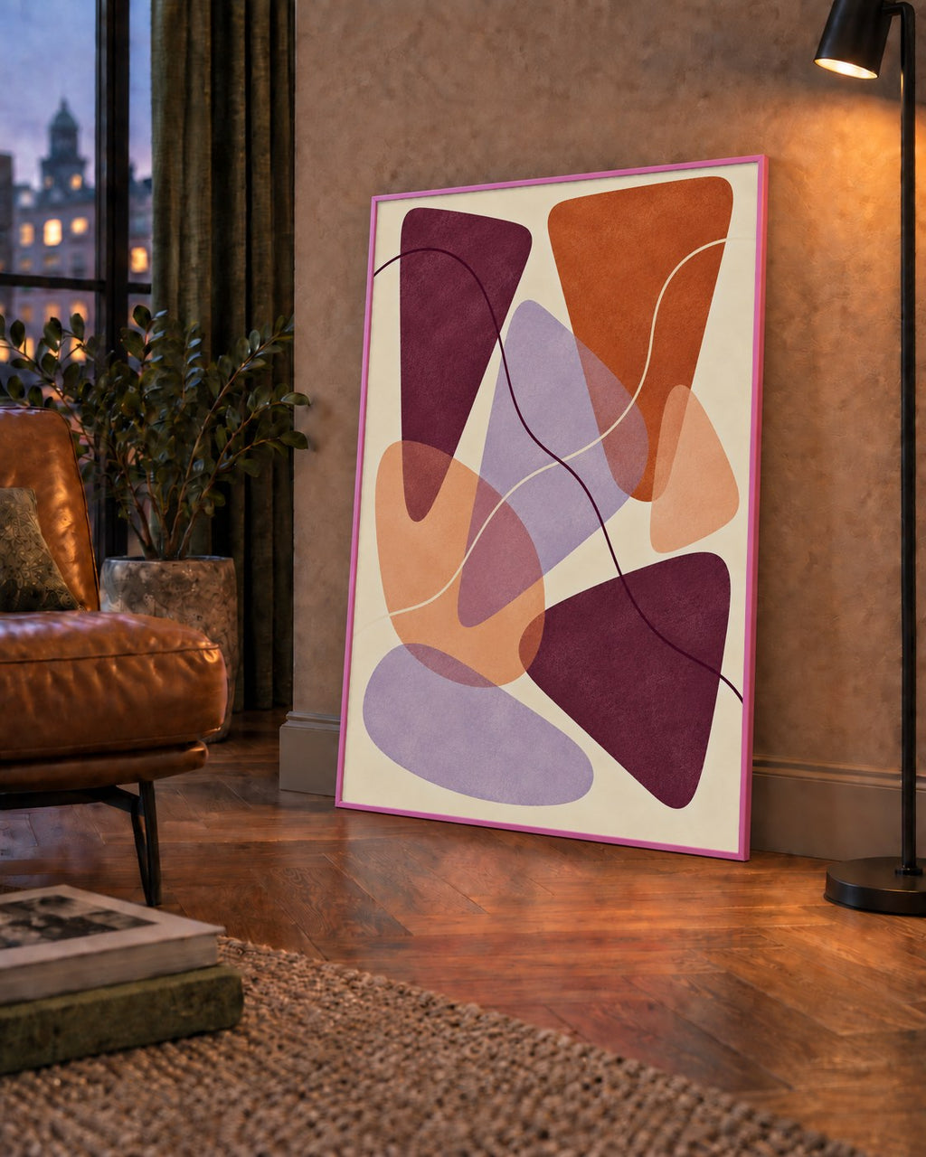 Soyut Renkli Şekiller – Modern Geometrik Dijital Poster — çerçeveli hâliyle bir ev duvarında
