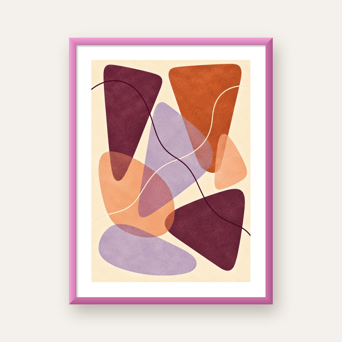 Soyut Renkli Şekiller – Modern Geometrik Dijital Poster — pembe çerçeveli paspartulu
