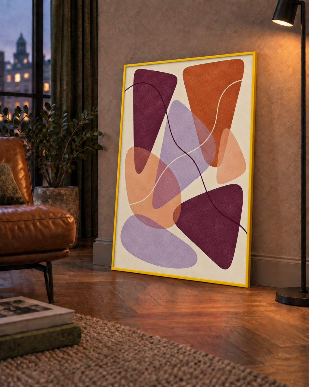 Soyut Renkli Şekiller – Modern Geometrik Dijital Poster — çerçeveli hâliyle bir ev duvarında