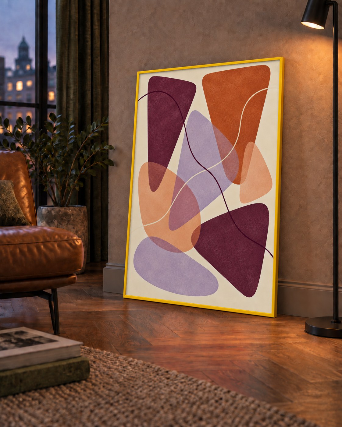 Soyut Renkli Şekiller – Modern Geometrik Dijital Poster — çerçeveli hâliyle bir ev duvarında