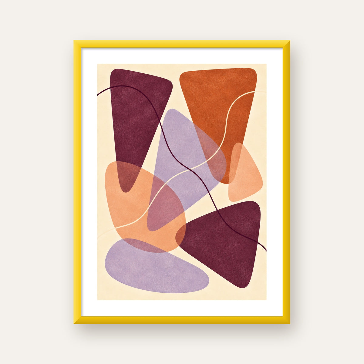 Soyut Renkli Şekiller – Modern Geometrik Dijital Poster — sarı çerçeveli paspartulu