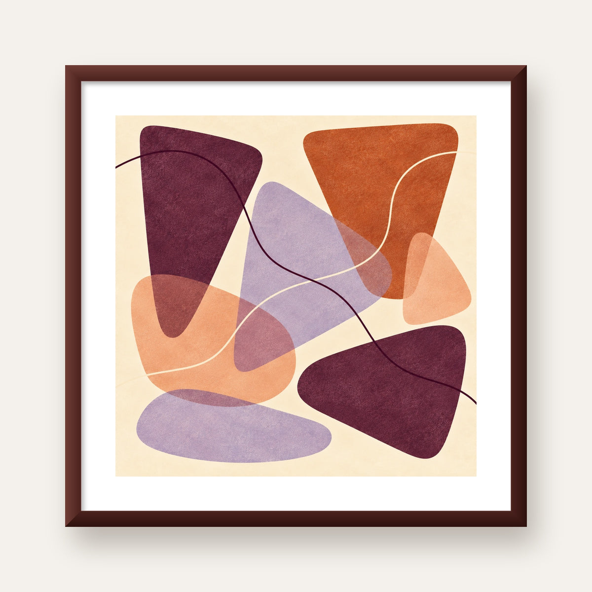 Soyut Renkli Şekiller – Modern Geometrik Dijital Poster — ceviz çerçeveli paspartulu