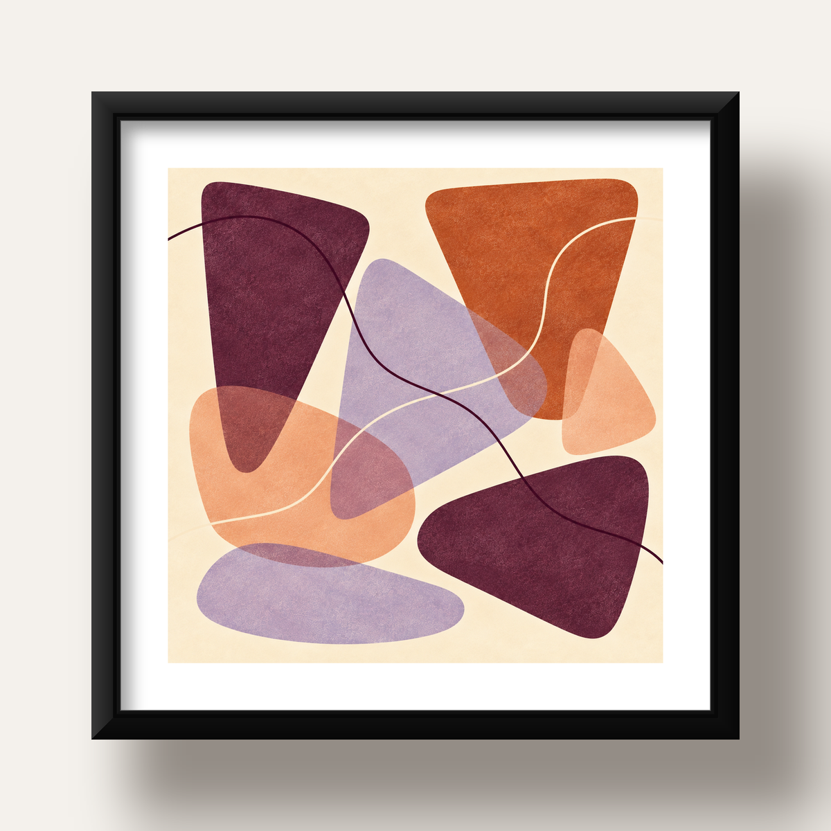 Soyut Renkli Şekiller – Modern Geometrik Dijital Poster — siyah derin çerçeveli paspartulu